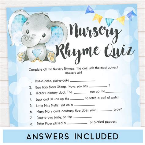 Nursery Rhyme Quiz Game - Blue Elephants Printable Baby Games ...