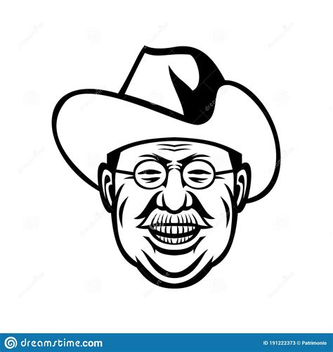 American President Theodore Roosevelt Rough Riders Head Mascot Black And White Cartoon Vector ...