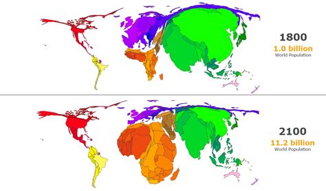 World population cartogram, 1800 and 2100. - Maps on the Web