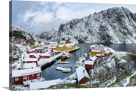 Nusfjord And Harbor Covered With Snow In Winter, Lofoten Islands ...