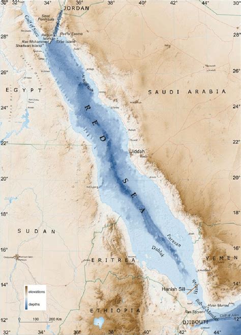 Geographic map of the Red Sea area, where darker colours indicate ...