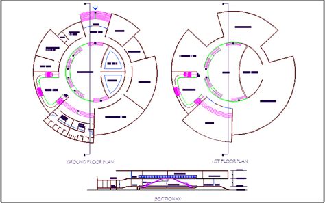 Museum floor plan with its section view dwg file - Cadbull