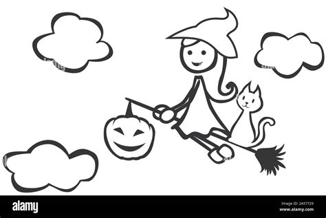 Halloween coloring page witch broom pumpkin cat sky clouds by jziprian ...