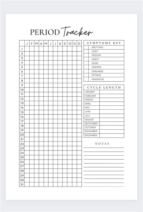 the printable period tracker is shown in black and white