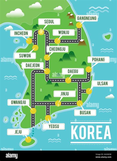 Cartoon vector map of South Korea. Travel illustration with south korean main cities Stock ...