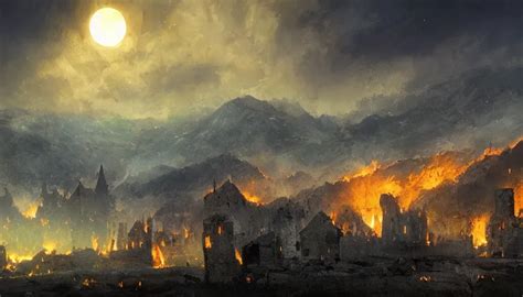 Wide view of a burning medieval village destroyed by | Stable Diffusion