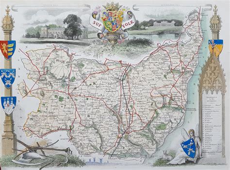 Old Antique Map - Suffolk genuine 19th century antiques for sale