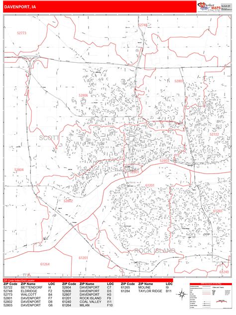 Davenport Iowa Zip Code Wall Map (Red Line Style) by MarketMAPS - MapSales