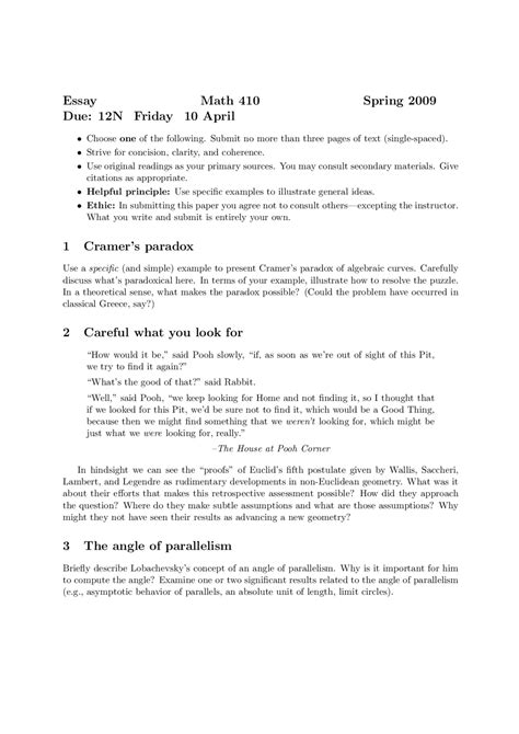 Cramer's Paradox, Careful What You Look for, The Angle of Parallelism | MATH 410 - Docsity