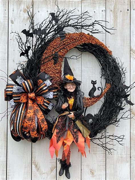 28 Large Halloween Witch Cat Sitting on Moon Wreath for - Etsy | Black ...