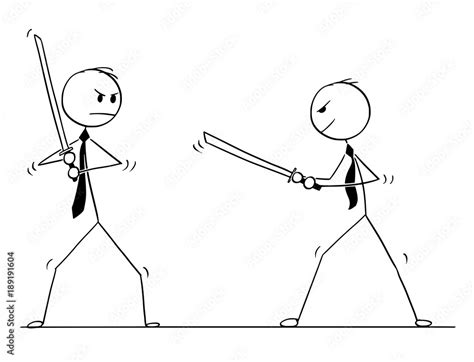 Cartoon stick man drawing conceptual illustration of two samurai ...