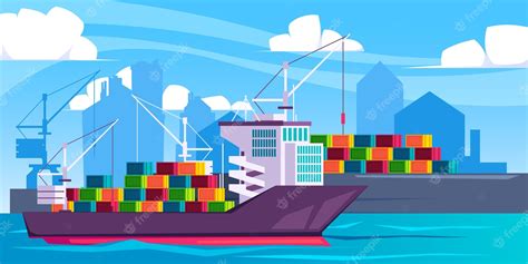 Premium Vector | Freight ship in port cartoon marine dock with barge loading containers ...