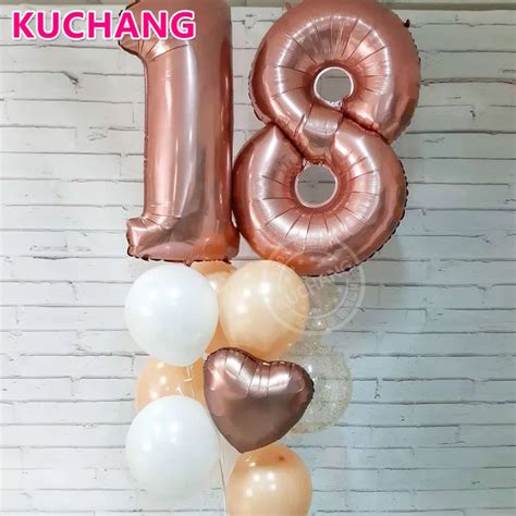 11pcs/lot 30inch Rose Gold Number 18 Heart Foil Balloon Pure Champagne ...