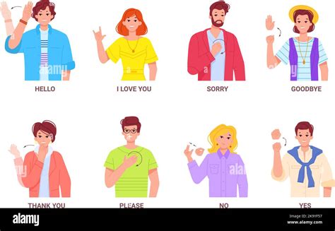 Basic deaf signs. Deaf-mute sign language symbol, articulated gestures for conversation deafness ...