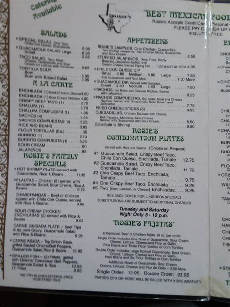 Menu at Rosie's Tamale House restaurant, Bee Cave, State Hwy 71