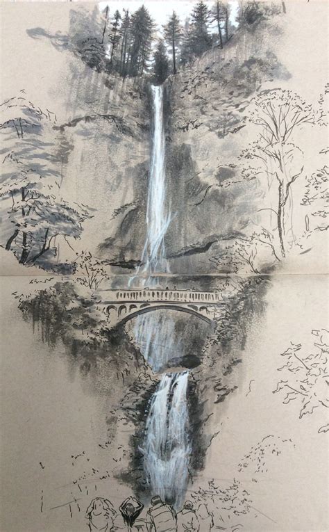 Multnomah Falls Landscape Pencil Drawings, Landscape Sketch, Pencil Art ...