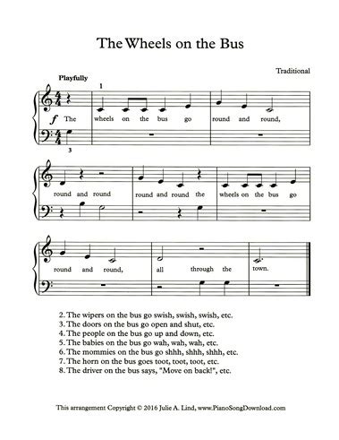 The Wheels on the Bus: easy piano sheet music with lyrics