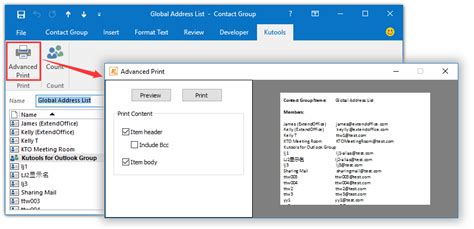 How to print global address list (address book) in Outlook?