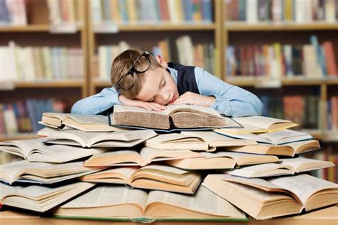 Tired School Child Sleeping on Books, Bored Boy Studying, Hard Education Stock Photo - Image of ...