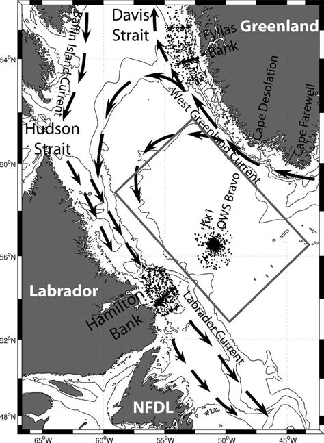 Labrador Sea map with schematic currents, areas of interest, and places ...