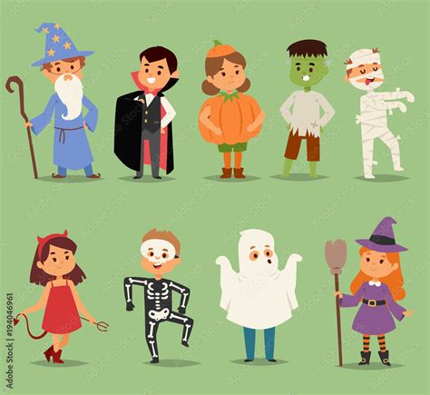 Cartoon cute kids wearing Halloween costumes vector characters. Little child people Halloween ...