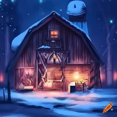 Snow-covered barn with christmas lights