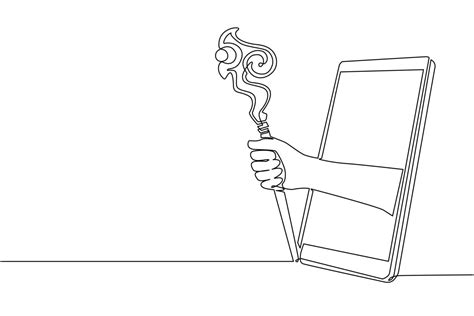 Single continuous line drawing hand holding wizards wooden staff through mobile phone. Concept ...