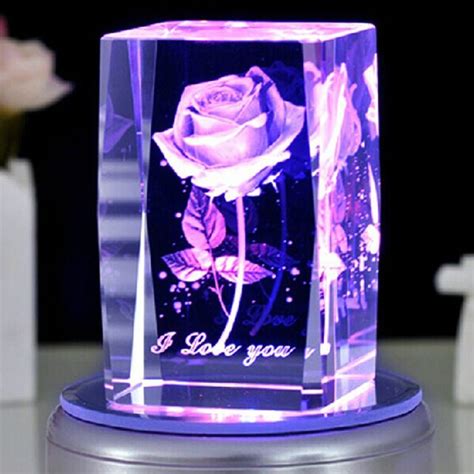 Rose 3D Laser Engraved Crystal Block Glass Led Engraving Cube With Rotary Music Base for ...