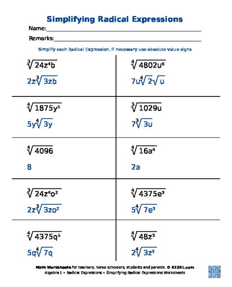 Simplifying Radical Expressions Practice