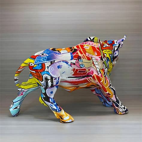 Charging Bull Statue Graffiti Figurine, Anime Pop Art, Colorful Ox ...