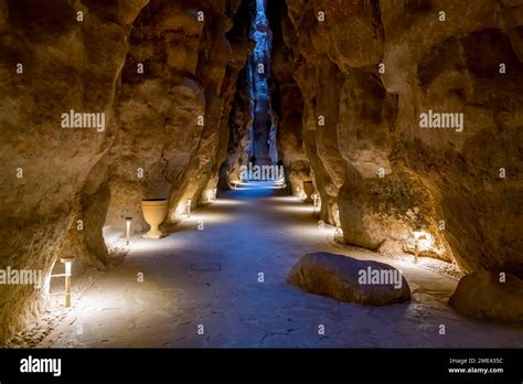 Saudi Arabia, Eastern Province, Al-Hofuf, Illuminated cave at Jabal Al ...