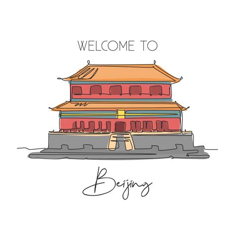 One continuous line drawing Forbidden City Palace landmark. World iconic place in Beijing, China ...