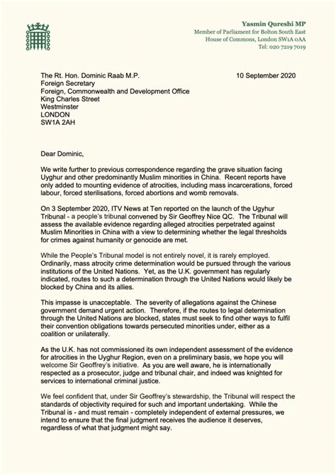 Open Letter by Yasmin Qureshi MP to UK Foreign Secretary Dominic Raab M ...