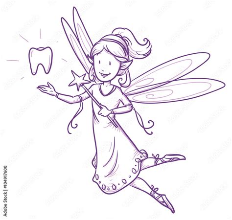 Cute little happy fairy girl flying with tooth, tooth fairy. Hand drawn ...