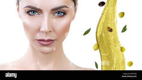Beautiful woman near splash of olive oil. Skincare concept Stock Photo - Alamy