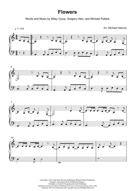 Flowers (arr. Michael Habrom) by Miley Cyrus Sheet Music for Piano Solo ...