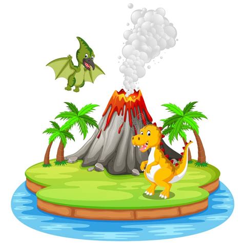 Dinosaur and Volcano Eruption Illustration Stock Vector - Illustration ...