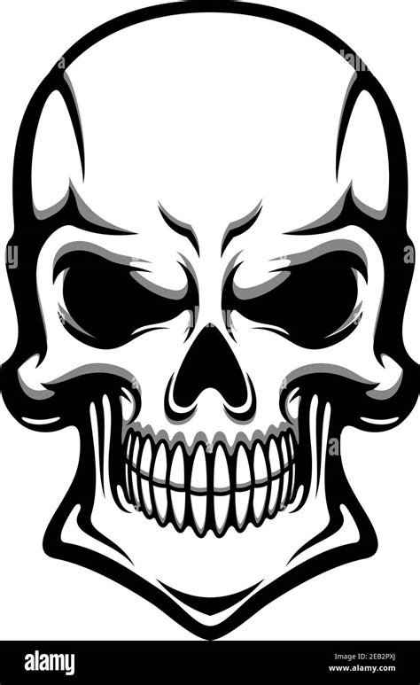 Angry human skull with eerie grin isolated on white background. For t-shirt or tattoo design ...