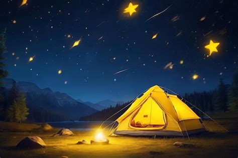 Premium AI Image | Starry night camp Yellow light inside tent shooting stars backdrop Capturing ...