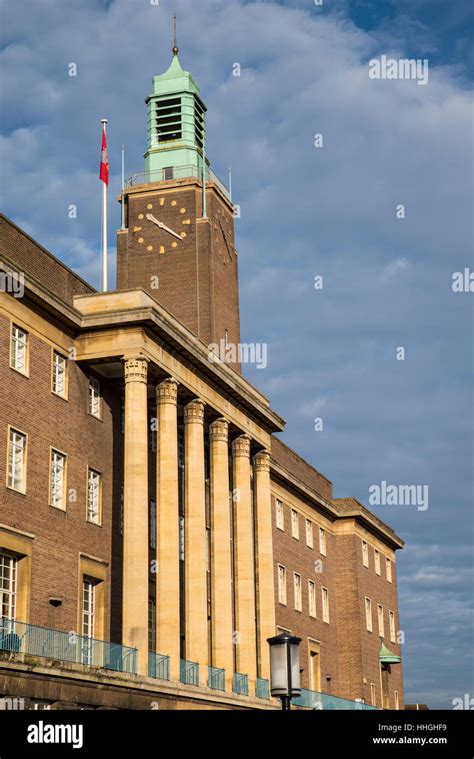 A view of the art deco architecture of Norwich City Hall in the ...