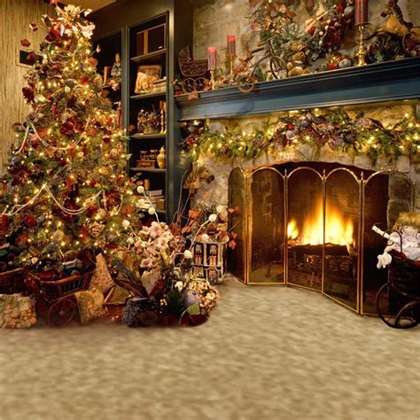 Indoor Fireplace Christmas Tree Photography Background Vintage Printed Kids Toys Gifts Holiday ...