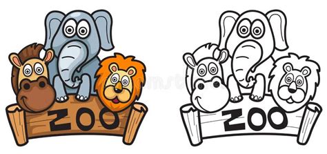 Colorful and Black and White Zoo for Coloring Book Stock Vector - Illustration of happy, friend ...