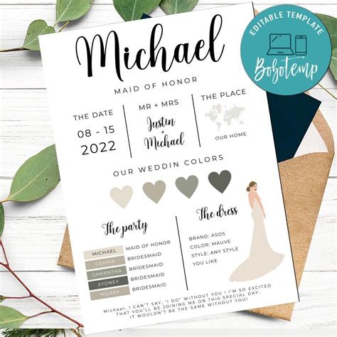 Bridesmaid Info Card Customizable Template Instant Download | Bobotemp