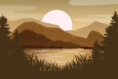 Beautiful vector landscape illustration - Peaceful warm sunrise over mountains, ocean and forest ...