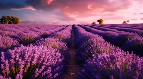 Premium AI Image | A lavender field with a pink sky and clouds