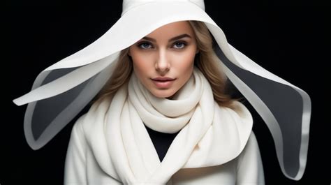 Premium Photo | A woman wearing a white hat and scarf stands in front of a black background