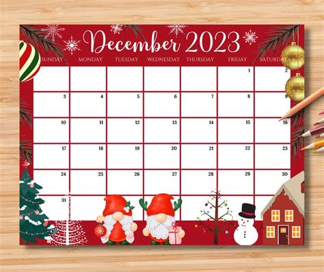 EDITABLE December 2023 Calendar, Colorful Christmas with Cute Gnomes, Printable Fillable ...