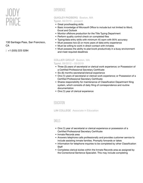 Typist Resume Samples | Velvet Jobs