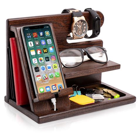 Buy TESLYAR Wood Phone Docking Station Ash Key Holder Wallet Stand ...