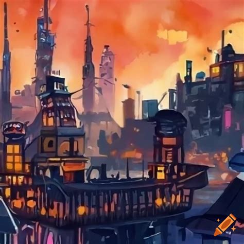 Night city illustration in steampunk cyberpunk style on Craiyon